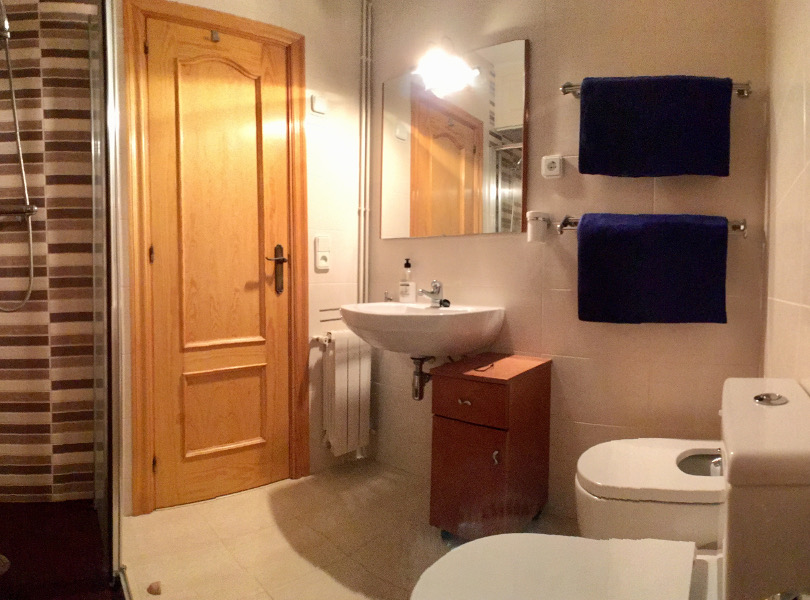 Bathroom with large shower cubicle.