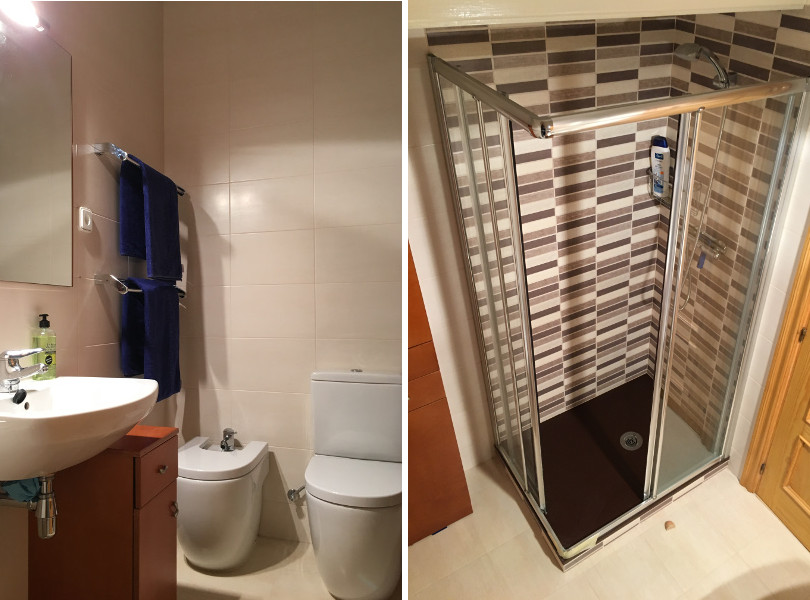 Bathroom with large shower cubicle.